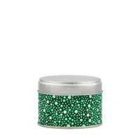 Photo de la petite boîte à thé - clochettes d'Irlande : papier washi vert assez vif décoré de nombreux pois blancs plus ou moins gros. Boîte ronde, couvercle gris métallisé.