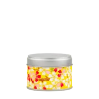 Photo de la petite boîte à thé - ajonc : papier washi jaune vif décoré de petites fleurs blanches et de feuilles rouges. Boîte ronde, couvercle gris métallisé.