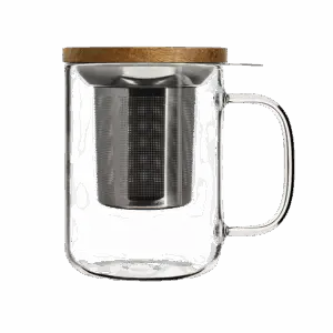 Photo de la tisanière en verre OGO - 45cl. Le verre est transparent. Le filtre en acier inoxydable est apparent ainsi que le couvercle en bois.