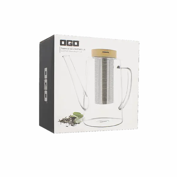 Photo du packaging de la théière OGO - 1,2L. Théière vendue dans cette boîte.
