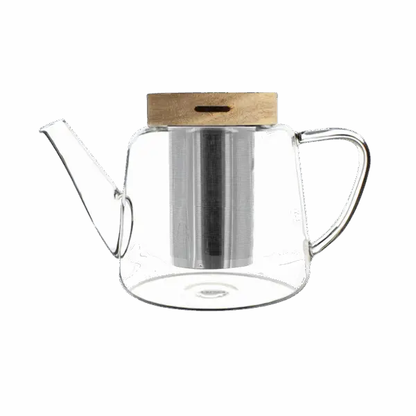Photo de la théière en verre OGO - 68cl. Le verre est transparent, la théi!ère est arrondie en bas et se rétrécie en remontant. Le bec verseaur remonte pratiquement en vertical. Le filtre en acier inoxydable est apparent ainsi que le couvercle en bois.