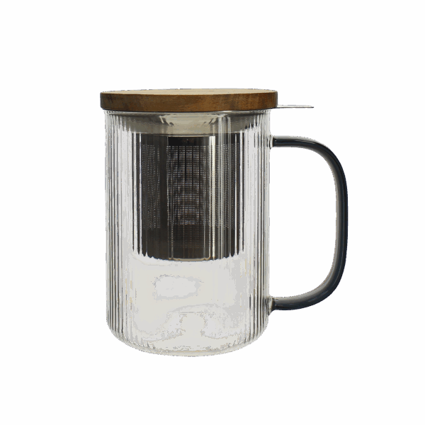 Photo de la tisanière en verre OGO - Anse noire, 47,5cl. Le verre est transparent, strié en vertical. La anse est couleur noir en transparence. Le filtre en acier inoxydable est apparent ainsi que le couvercle en bois.