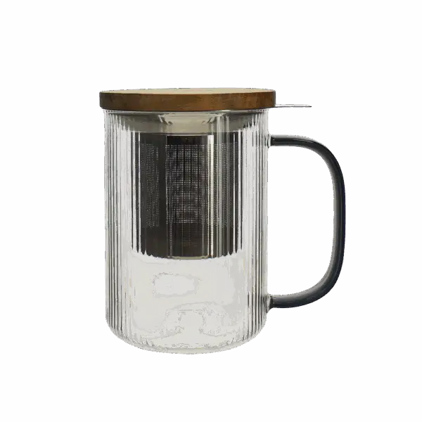 Photo de la tisanière en verre OGO - Anse noire, 47,5cl. Le verre est transparent, strié en vertical. La anse est couleur noir en transparence. Le filtre en acier inoxydable est apparent ainsi que le couvercle en bois.