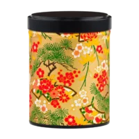 Photo de la boîte à thé empilable - Aster : papier washi fond doré, bonsaï verts, fleurs blanches et rouges. Boîte ronde, couvercle noir.