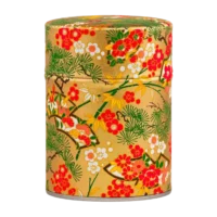 Photo de la boîte à thé empilable - Aster : papier washi fond doré, bonsaï verts, fleurs blanches et rouges. Boîte ronde.
