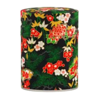 Photo de la boîte à thé classique - Bonsaï : papier washi fond noir, bonsaï verts, fleurs blanches et rouges. Boîte ronde.