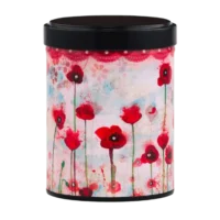 Photo de la boîte à thé empilable - Coquelicot : Illustration de nombreux coquelicot avec tiges vertes sur fond pastel rouge beige . Boîte ronde, couvercle noir.