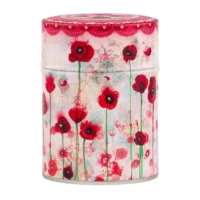 Photo de la boîte à thé classique - Coquelicot : Illustration de nombreux coquelicot avec tiges vertes sur fond pastel rouge beige . Boîte ronde.