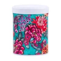 Photo de la boîte à thé empilable - Dalhia : Illustration de différentes fleurs et poisson style japonais sur fon bleu vif. Boîte ronde, couvercle blanc.