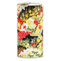 Photo de la grande boîte à thé - Erable du Japon : papier washi tons jaune et noir, feuilles d'érable, fleurs, style japonais. Boîte ronde.