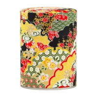 Photo de la boîte à thé classique - Erable du Japon : papier washi tons jaune et noir, feuilles d'érable, fleurs, style japonais. Boîte ronde.