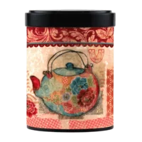 Photo de la boîte à thé empilable - Géranium : Illustration d'une théière sur fond beige bordure rouge. Boîte ronde, couvercle noir.