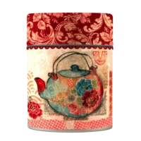 Photo de la boîte à thé classique - Géranium : Illustration d'une théière sur fond beige bordure rouge. Boîte ronde.