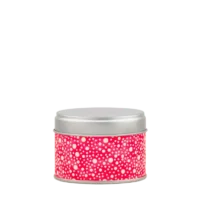Photo de la petite boîte à thé - Larkspur : papier washi rose vif décoré de nombreux pois blancs plus ou moins gros. Boîte ronde, couvercle gris métallisé.