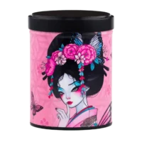 Photo de la boîte à thé empilable - Mauve : Illustration d'une femme avec une couronne de fleurs, papillons roses sur fond rose. Boîte ronde, couvercle noir.