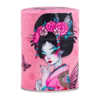 Photo de la boîte à thé classique - Mauve : Illustration d'une femme avec une couronne de fleurs, papillons roses sur fond rose. Boîte ronde.