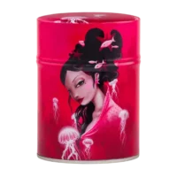 Photo de la boîte à thé classique - Nénuphar : Illustration d'une femme, poissons et étoiles de mers sur ses cheveux noirs et quelques méduses autour sur fond fuschia . Boîte ronde.
