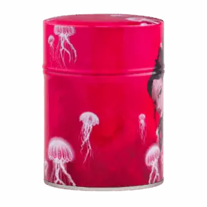 Photo arrière de la boîte à thé classique - Nénuphar : Illustration de méduses sur fond fuschia. Boîte ronde.