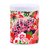 Photo de la boîte à thé empilable - Oeillet : papier washi tons rose et noir, feuilles d'érable, fleurs, style japonais. Boîte ronde, couvercle noir.