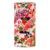 Photo de la grande boîte à thé - Oeillet : papier washi tons rose et noir, feuilles d'érable, fleurs, style japonais. Boîte ronde.