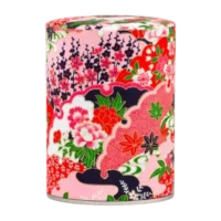 Photo de la boîte à thé classique - Oeillet : papier washi tons rose et noir, feuilles d'érable, fleurs, style japonais. Boîte ronde.