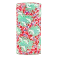 Photo de la grande boîte à thé - Oxalis : papier washi trainée de fleurs rouges, cygnes, fond menthe à l'eau, style japonais. Boîte ronde.