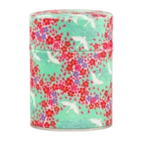 Photo de la boîte à thé classique - Oxalis : papier washi trainée de fleurs rouges, cygnes, fond menthe à l'eau, style japonais. Boîte ronde.