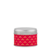Photo de la petite boîte à thé - Poinsetta : Papier washi rose vif avec de multiples petits triangles dorées. Boîte ronde, couvercle gris métallisé.