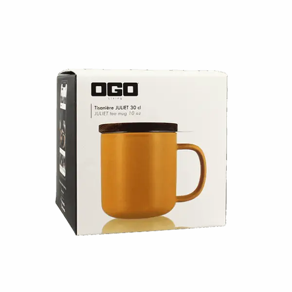 Photo du packaging de la tisanière OGO - jaune 30cl. Tisanière vendue dans cette boîte.