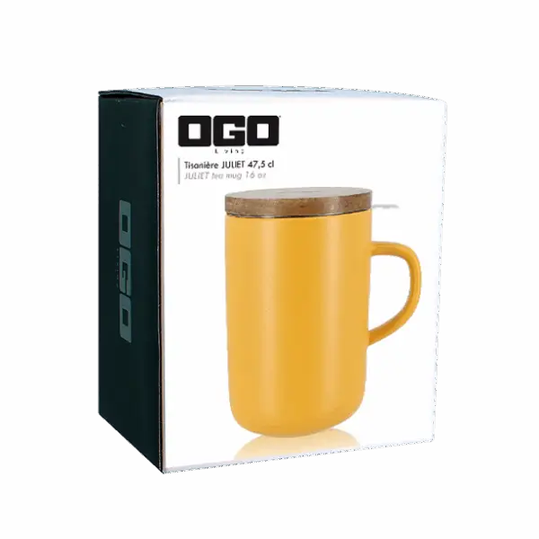 Photo du packaging de la tisanière OGO - jaune 47,5cl. Tisanière vendue dans cette boîte.
