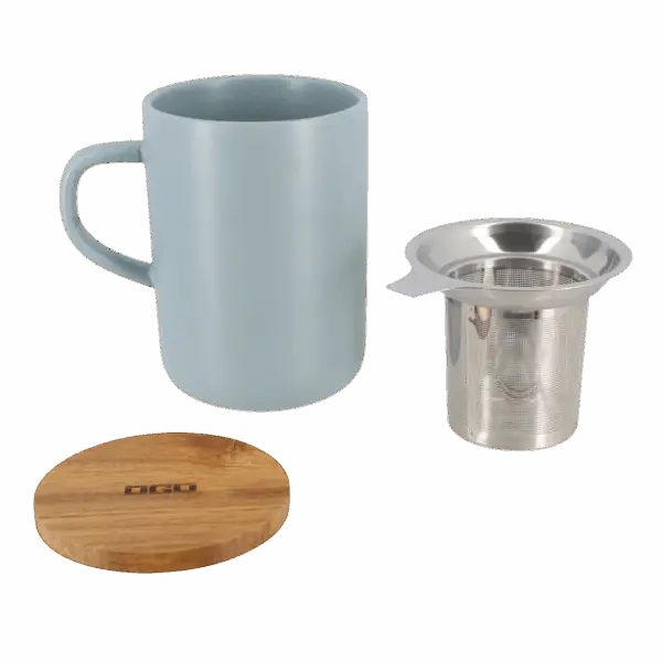 Photo des éléments de la tisanière OGO - Gris perle 47,5cl. Tasse une anse, couvercle en bois et inox et filtre acier inoxidable microperforé.
