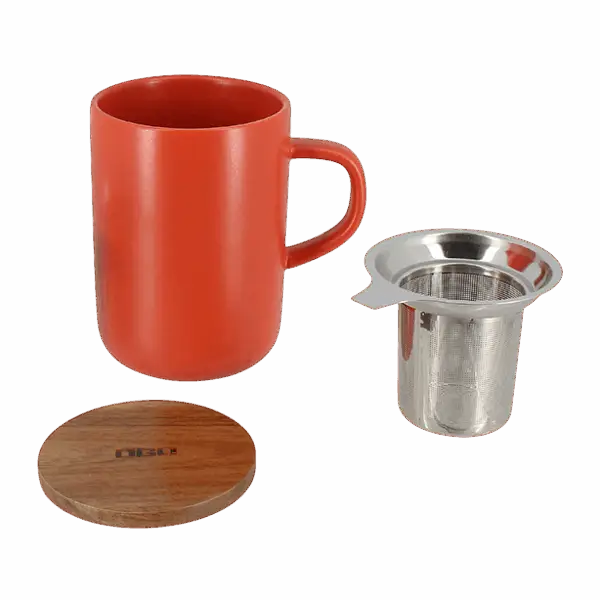 Photo des éléments de la tisanière OGO - paprika 47,5cl. Tasse une anse, couvercle en bois et inox et filtre acier inoxidable microperforé.