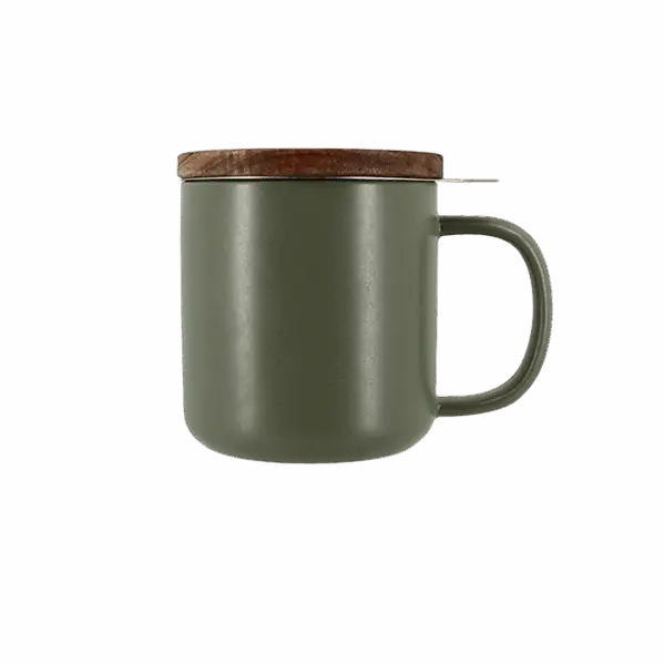Photo de la tisanière OGO - vert kaki 30cl. Une anse, couvercle en bois.