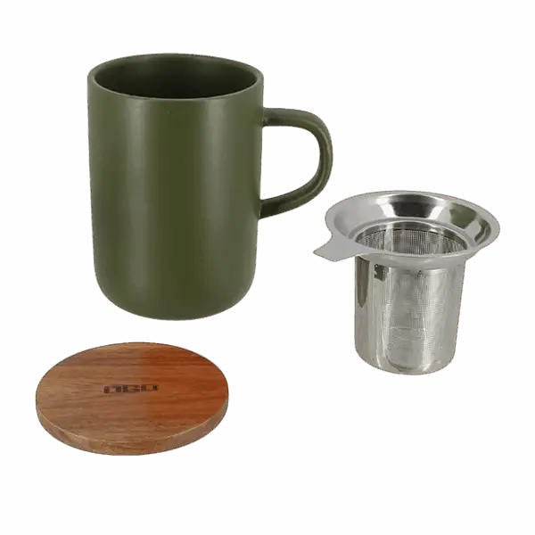Photo des éléments de la tisanière OGO - vert kaki 47,5cl. Tasse une anse, couvercle en bois et inox et filtre acier inoxidable microperforé.