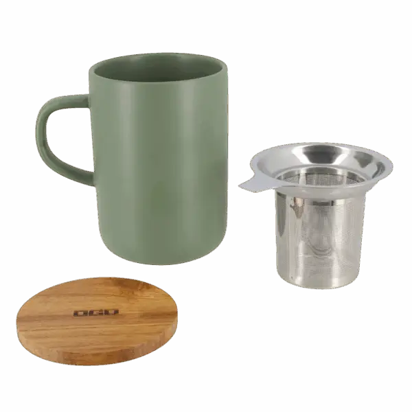 Photo des éléments de la tisanière OGO - vert sauge 47,5cl. Tasse une anse, couvercle en bois et inox et filtre acier inoxidable microperforé.