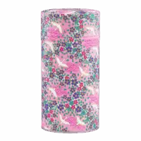 Photo de la grande boîte à thé - iris de Virginie : papier washi, boîte rose pâle décoré de cygnes et de nuées de fleurs. Boîte ronde, couvercle intérieur métallisé.