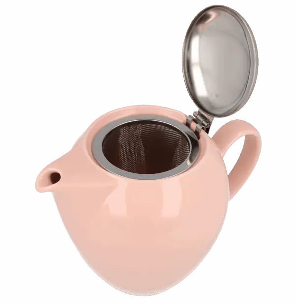 Photo de la théière Zero Japan - Rose pâle - 58cl. Couvercle ouvert pour voir le filtre, en inox, assez profond.