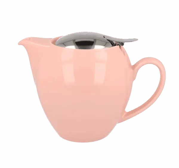 Photo de la théière Zero Japan - Rose pâle - 58cl. La théière est fine en bas et s'arrondit, jaune vif. Le couvercle est en inox, rond également et assez discret.