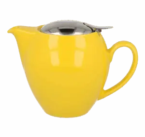 Photo de la théière ZERO JAPAN – Jaune - 58cl. La théière est fine en bas et s'arrondit, jaune vif. Le couvercle est en inox, rond également et assez discret.