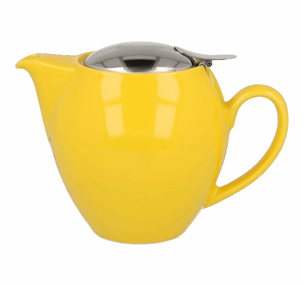 Photo de la théière ZERO JAPAN – Jaune - 58cl. La théière est fine en bas et s'arrondit, jaune vif. Le couvercle est en inox, rond également et assez discret.