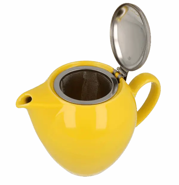 Photo de la théière Zero Japan - Jaune - 58cl. Couvercle ouvert pour voir le filtre, en inox, assez profond.