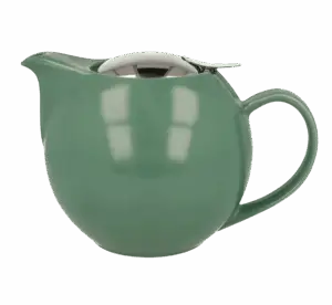 Photo de la théière Zero Japan - Vert sauge - 1L. La théière est assez ronde, vert sauge plutôt mate. Le couvercle est en inox, rond également et assez discret.