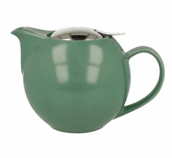 Photo de la théière Zero Japan - Vert sauge - 1L. La théière est assez ronde, vert sauge plutôt mate. Le couvercle est en inox, rond également et assez discret.