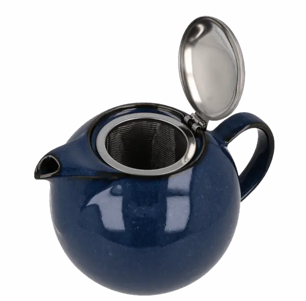 Photo de la théière Zero Japan - Bleu jean - 1L. Couvercle ouvert pour voir le filtre, en inox, assez profond.