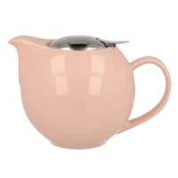 Photo de la théière Zero Japan - Rose pâle - 1L. La théière est assez ronde, d'un rose pâle. Le couvercle est en inox, rond également et assez discret.