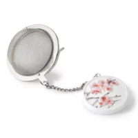 Boule à thé fantaisie - Fleurs de cerisier : rond plat blanc avec un dessin de fleurs de cerisier rose