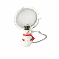 Boule à thé de Noël - Bonhomme de neige. Boule en inox, tige en inox avec au bout un un bonhomme de neige blanc portant un chapeau noir et une écharpe rouge