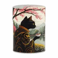 Photo de la boîte à thé classique - Anémone : Illustation d'un chat sous un cerisier buvant une tasse de thé en contemplant les montagnes. Boîte ronde.