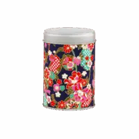 Photo de la petite boîte à thé - calycanthus : papier washi, boîte bleu marine décoré de fleurs de cerisiers et pivoines dans les tons rouges et roses. Boîte ronde, couvercle gris métallisé.