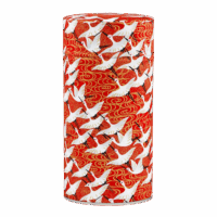 Photo de la grande boîte à thé - Iris sibérien : papier washi trainée de jaune orangé, cygnes, fondrouge brique, style japonais. Boîte ronde